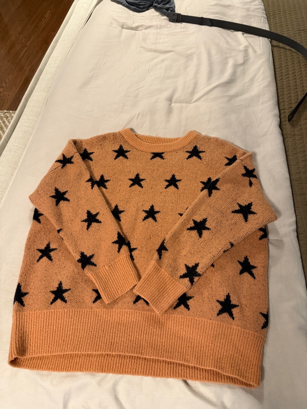 She + Sky Orange Crewneck Sweater with Black Star Pattern